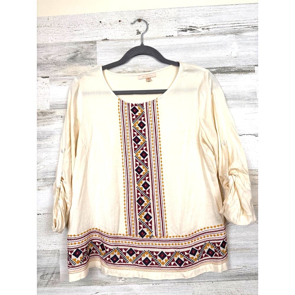 Skies Are Blue Womens S Cream Multi Embroidered Boho Roll Cuff Blouse Casual Top